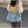 Studded Flap Pocket Washed Denim Crossbody Tote Bag