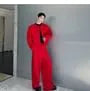 Set: Round Neck Plain Open Front Jacket + Mid Rise Wide Leg Dress Pants